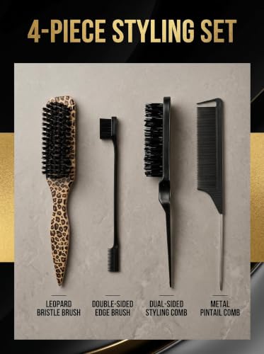 4 Pcs Hair Styling Tool Set, Detangling Brush & Rat Tail Comb, Edge Control Brush Kit, Yellow Leopard Print Hair Accessories for Flyaway Smoothing