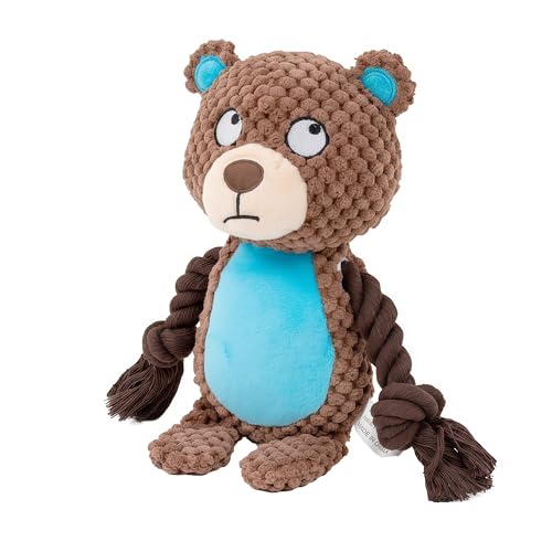 Plush Bear Dog Toy, Squeaky Tug Toy with Rope Arms for Small Medium Dogs | soft plush bear toy with rope arms and squeaker, designed for tugging, chewing and interactive indoor play - color: Brown