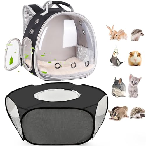 2-Pack Guinea Pig Carrier Backpack and Playpen with Lid, Breathable Pet Playpen Pop Open Exercise Fence, Portable Small Animal Cage for Rabbits, Chinchillas, Squirrel, Lizard, Sugar Glider - color: Black