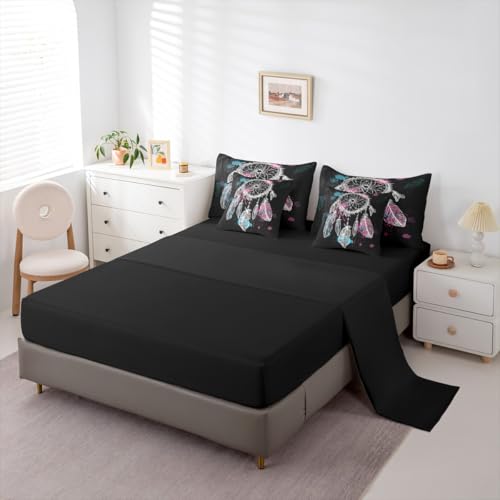 Erosebridal Dream Catcher 7 Piece Bedding Set Twin Bohemian Mandala Comforter Set with Sheets Feathers Exotic Indian Style Bed in A Bag Kids Boys Girls Teens Bed Sets - color: Black, size: Twin