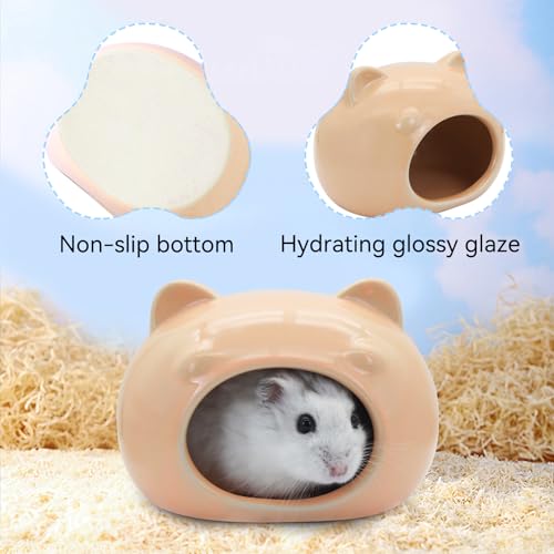 Hamster Ceramic House, Cute Bear Shape Hamsters Summer Cooling Cave for Small Pets Dwarf Mice Gerbils (Pink, S)