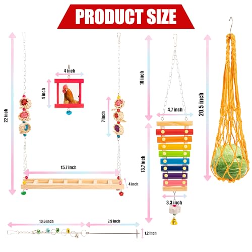 14PCS Chicken Toys for Coop Accessories, Swing Bridge Ladder Mirror Xylophone Toys with Bells Hanging String Vegetable Fruits Skewer Hanging Feeder Chicken Chewing Toy for Hens Chick Bird Parrot