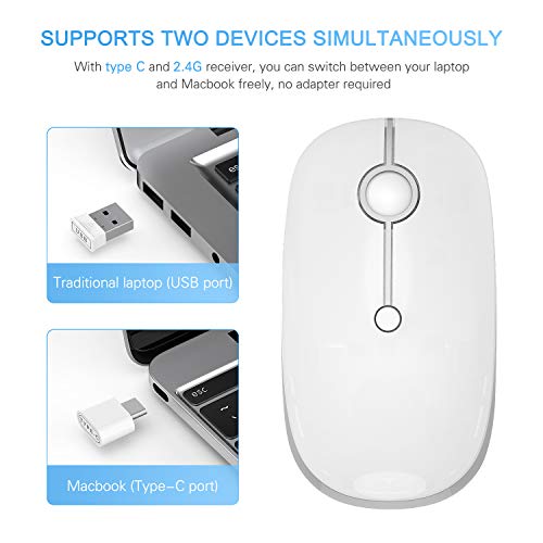 VssoPlor Type C Wireless Mouse, USB C MacBook Wireless Mouse, White Silver | Dual Mode Cordless Mice with USB and Type C Receiver Compatible with PC, Laptop, MacBook and All USB C Devices - color: White and Silver