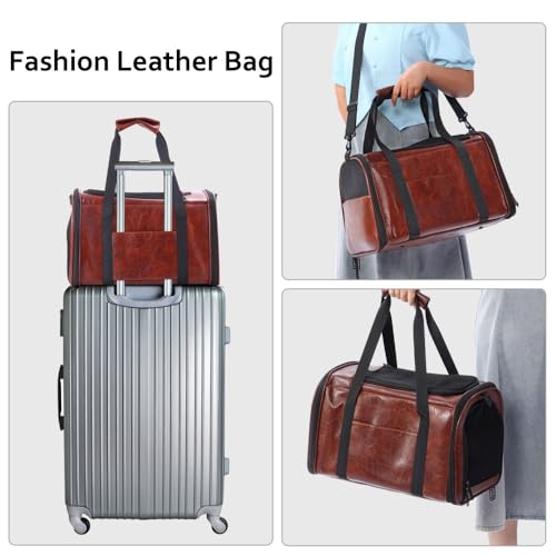 Fashion Dog Carrier Pet Carrier Airline Approved Cat Carrier for Small Dogs Cats Under 15 Lbs, Vegan Leather Collapsible Soft Sided Travel Puppy Carrier - color: Coffee