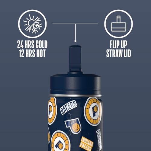 Hydrapeak NBA Officially Licensed Indiana Pacers Mini 14oz Kids Stainless Steel Water Bottle with Straw Lid & Flexible Handle, Double Wall Insulated, Spill Proof, Perfect for Back to School - color: Indiana Pacers
