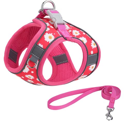 Step in Dog Harness No Pull Flower Adjustable Soft Mesh Harness | Reflective Escapeproof Pet Vest Harness and Leash Set for Small Medium Dogs - color: Rose red, size: S(neck:10.5"-12",chest:13.5"-16")