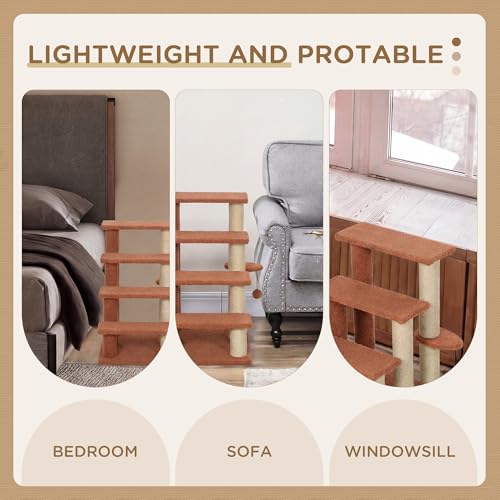 PawHut 4 Levels Cat Steps, Pet Stairs Carpeted Ladder, Kitten Tree Climber with Scratching Posts, Hanging Play Ball, Side Step, for High Bed, Sofa, Brown | Kitten Tree Climber, Scratching Posts, Hanging Play Ball, Side Step, for Sofa - color: Brown