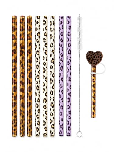 10PCS Set Leopard Straw Cheetah Animal Straws Hard Plastic Reusable Straw and Cleaning Brush Heart Silicone Straw Toppers with Leopard Print Summer Party Supplies (Mixed colors) - color: Mixed colors