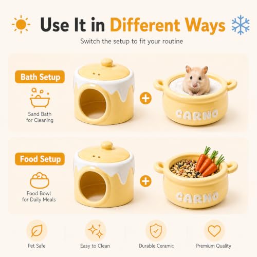 Meow&Woof Ceramic Hamster Hideout House & Bowl Set, 4-in-1 Natural Cooling Cave, Sand Bath, Food Bowl, Syrian Hamster, Dwarf Hamster, Gerbil, Small Animal, Food-Grade Safe, Easy Clean