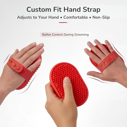 Pets&Goods Rubber Pet Grooming Brush for Dogs & Cats – Bath & Deshedding Brush with Custom-Fit Hand Straps – Soft Silicone Bristles for Short & Medium Hair – Anti-Slip, Easy to Clean - color: Red