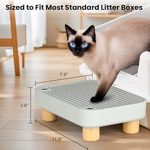 Litter Box Step, Litter Box Ramp/Catcher with Wooden Base, Anti-Tracking & Easy to Clean, Ideal for Small & Elderly Cats (Grey) - color: Light Gray