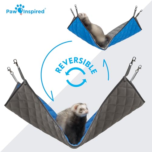 Paw Inspired Hanging Fleece Hammock for Small Animals, Gray/Blue | Hammock with Swivel Clips for Pet Cage for Ferrets, Rats, Chinchillas, Sugar Gliders, Hideout Toy for Guinea Pigs, Hamsters - color: Gray/Blue
