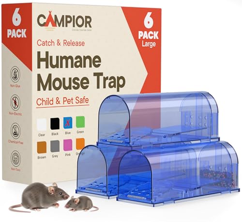Campior Humane Mouse Trap Pack of 6, Live Mouse Traps Catch and Release for Indoors & Outdoors, Pet & Child Safe, 7.87" Reusable Plastic Mouse Cage with Spring Door, Cleaning Brush Included, Blue - size: Pack of 6