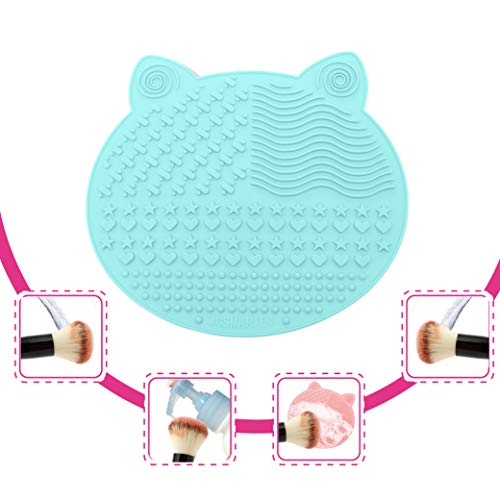 2Pack Makeup Brush Cleaning Mat, Cute Cat Ear Animal Design Silicone Brush Cleaner Pad with Suction Cups (Pink+Green) - color: Pink+Green