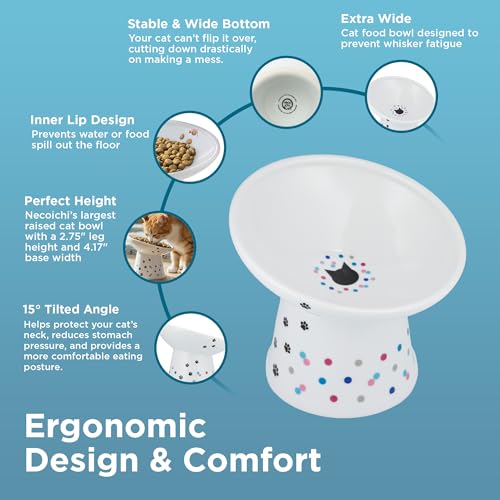 Necoichi Ceramic Elevated Food Bowl, 15° (Colorful Dots, Extra Wide Tilted) - color: Colorful Dots, size: Large Extra Wide Tilted