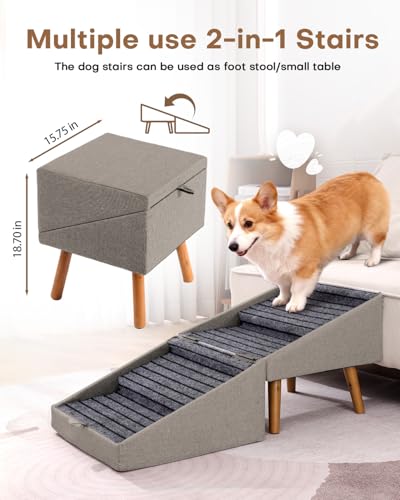Dog Ramp for Bed & Couch, Dog Stairs 21.06 inches High for Large/Medium/Small Doggie,Split Ottoman Foldable 2 in 1 Wooden Pet Steps for Older and Injured Dogs, No-Slip Surface (17.13" H-Hemp Green) - size: 17.13" H-Hemp Green