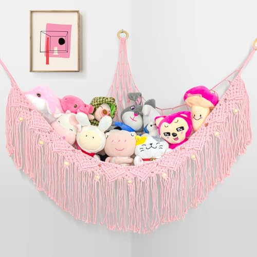 Large Stuffed Animal Hammock, Stuffed Animal Storage Toy Hammock Net for Stuffed Animals Corner, Plushie Net Hammock Toy Organizer for Boho Playroom Baby Nursery Decor - color: Pink