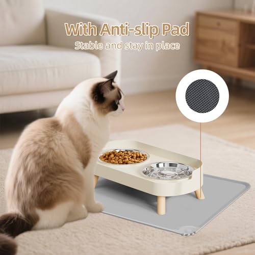 Elevated Cat Bowl with Food Mat, Raised Cat Food and Water Bowl Set for Indoor Cats, Splash Proof with 2 Stainless Steel Pet Food Bowls for Cats and Puppies,Whisker Fatigue and Dishwasher Safe (White) - color: Cat Bowls with mat - white