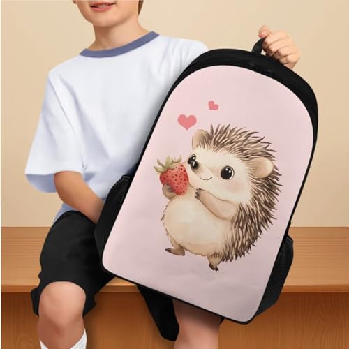Strawberry Hedgehog Backpack Set with Lunch Box, Water Bottle Pouch, and Pencil Case for Boys & Girls, 1St Grade Large Bag Junior High School Toddler Adjustable Bookbag for Children's Day - color: Strawberry Hedgehog