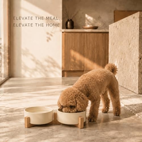 SPUNKYJUNKY Ceramic Dog and Cat Bowl Set with Wooden Stand, Modern Cute Weighted Food Water Set for Small Size Dogs (13.5OZ) & Medium Sized Dogs (28.7OZ) & Cats (1.7 Cups, 2 × Beige) - color: Beige × 2, size: 1.7 cups