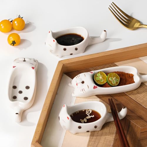 6 Pcs Cute Soy Sauce Dipping Bowls, Small Ceramic Dipping Dishes, Mini Cat Shape Sushi Tray with Chopstick Holder Tableware for Seasoning Oil Vinegar Ketchup Wasabi, Japanese Style