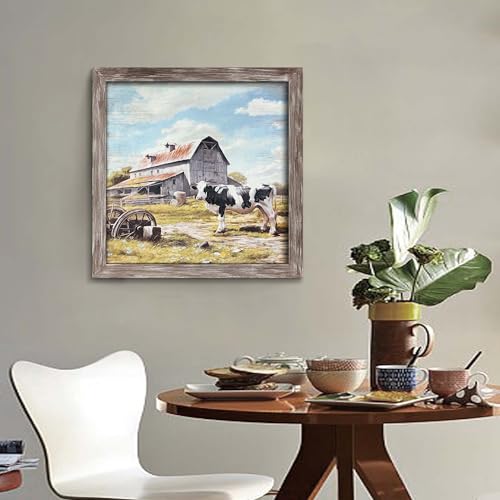 Barn Framed Wall Art Picture: Rustic Farm Animal Painting Vintage Farmhouse Cow Wooden Artwork Decor Countryside Landscape Print for Living Room Bedroom Home 24 x 24 Inches - color: Barn Cow, size: 24L" x 24W"
