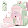 FIXITOK Girls Backpack with 14oz Insulated Water Bottle Set, Kawaii Bunny School Backpack for Girls with Kids Water Bottle Lunch Bag Pencil Case for Kindergarten Elementary Preschool School - color: W-green