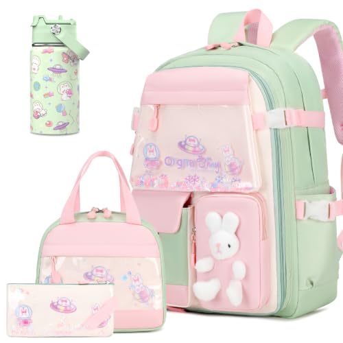 FIXITOK Girls Backpack with 14oz Insulated Water Bottle Set, Kawaii Bunny School Backpack for Girls with Kids Water Bottle Lunch Bag Pencil Case for Kindergarten Elementary Preschool School - color: W-green