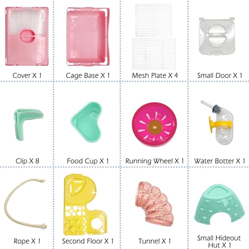 Hamiledyi Portable Hamster Cage 2 Layers Dwarf Hamster Habitat Small Animal Travel Cage with Exercise Wheel Hamster Enclosure Mouse Cage for Hamsters Mice Gerbils or Other Tiny Pets - color: Pink