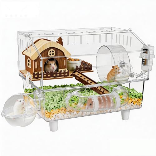 2-Story Acrylic Hamster Cage with Wooden House, Exercise Wheel, Tunnel, Water Bottle, and Ramp