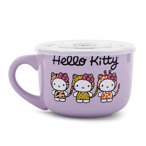 Silver Buffalo Sanrio Hello Kitty Jungle Animals Ceramic Soup Mug Bowl With Vented Lid and Handle For Ice Cream, Cereal, Beverages | Holds 24 Ounces