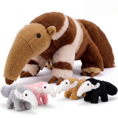 Hollowfly 5 Pcs Anteater Family Stuffed Animal Set 19.29" Mommy Anteater Plush Toy with 4 Cute Babies Zippered Belly Inside Wild Zoo Animals Gifts for Kids Adults Birthday Holiday Christmas Stocking - style: Anteater