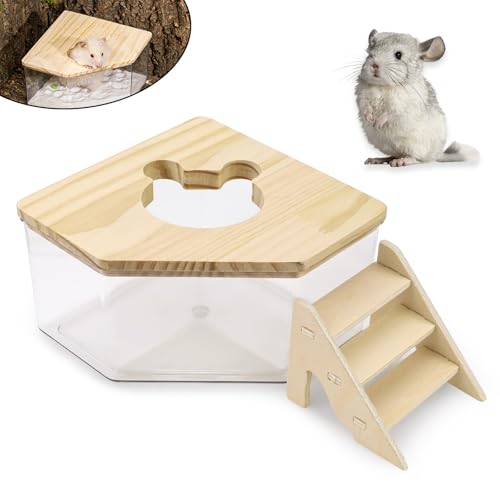 ASTIMESA Plastic Hamster Sand Bath Container with Ladder, Clear Hamster Litter Box Tub Wood Cover for Chinchilla Pet Gerbil Guinea Pig Digging Small Animal House Pentagon