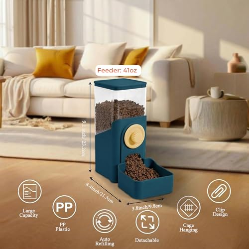 41 oz Hanging Gravity Feeder for Small Animals, Rabbits & Guinea Pigs | Adjustable Cage Height | No-Open-Cage Refill | Space-Saving | Clear Reservoir | Versatile Food Compatibility - color: Dark Blue