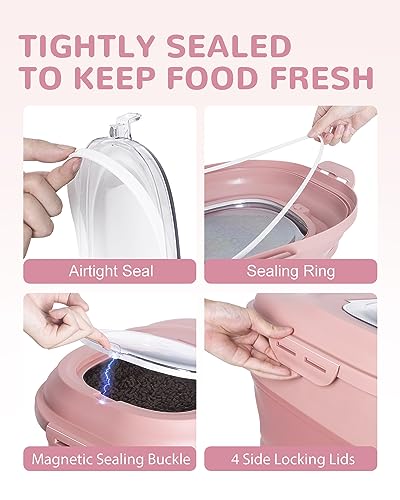30-35Lbs Airtight Dog Food Storage Container,Collapsible Dog Food Container | Large Pet Food Storage Container with Double Airtight Seal & Magnetic Lid,Dog Food Bin with Wheels,2Pcs Containers,Scoop,Pink - color: Pink