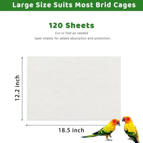 ZIQON 120 Pcs Bird Cage Liner Papers Big Size Cage Paper Liners Disposable Cage Paper Liners Precut Absorbent Cushion Pad Mat Accessories for Pet Bird Parrot (White, 18.5 * 12.2) - size: 18.5*12.2