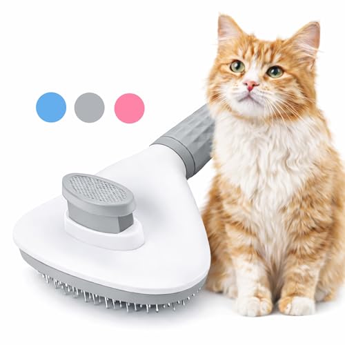 Cat Brush for Shedding, Self Cleaning Slicker Brush for Long Haired Cats, Deshedding Grooming Tool for Indoor Cats with Easy Release Button System (Blue)