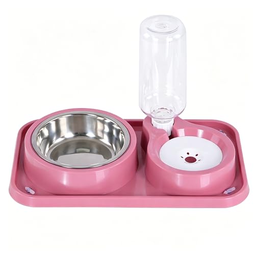 J&L VVMEET Non-Slip Dog Cat Food and Water Bowls Set with Water Dispenser | Dog Bowls Detachable Stainless Steel Bowl Gravity Pet Feeder and Waterer Set Automatic Water Refill for Cat Dog Puppy Rabbit - color: Pink, size: Water Capacity: 1000ML