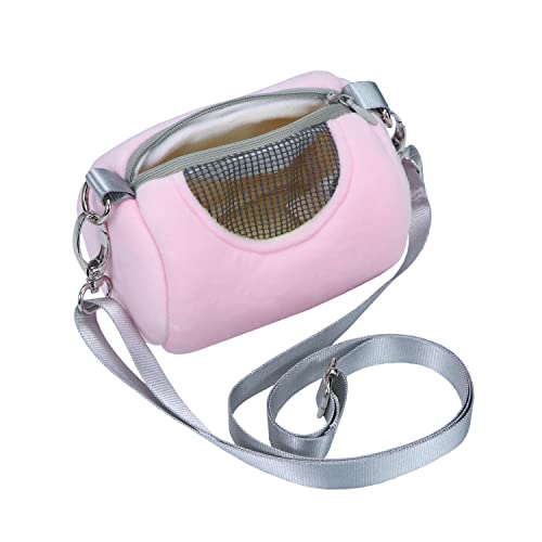 Litewoo Hamster Travel Carrier Portable Bag with Adjustable Strap, Pink, M | Warm velvet fabric, side mesh design, foldable storage, pouch for small animal/sugar glider/rat/squirrel - color: Pink, size: Small