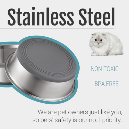 Nonslip Stainless Steel Dog Cat Bowls, 2 US Cup, 2 Count | No slide silicone bottom, Dishwasher safe, Easy to clean, Stackable design - size: 2 Cup