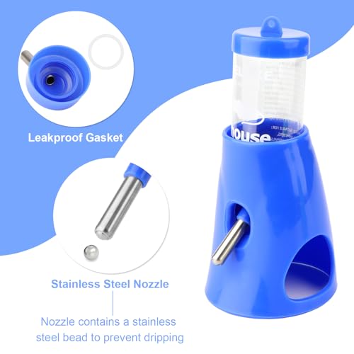 Hypeety Hamster Water Bottle with Hide Base No-Drip Water Dispenser, Blue | Leak-proof stainless steel nozzle, 2-in-1 with hideout , automatic feeder for hamsters/gerbils/mice, 2.71 fl oz/80ml, blue - color: Blue