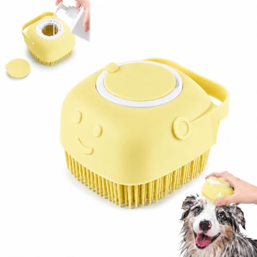 Dog and Cat Bath Brush with Shampoo Dispenser, Silicone Pet Grooming Brush for Dogs Cats, Soft Massage Scrubber for Bath, Easy Clean Ergonomic Pet Shower Brush for Small Medium Pets Yellow - color: Yellow