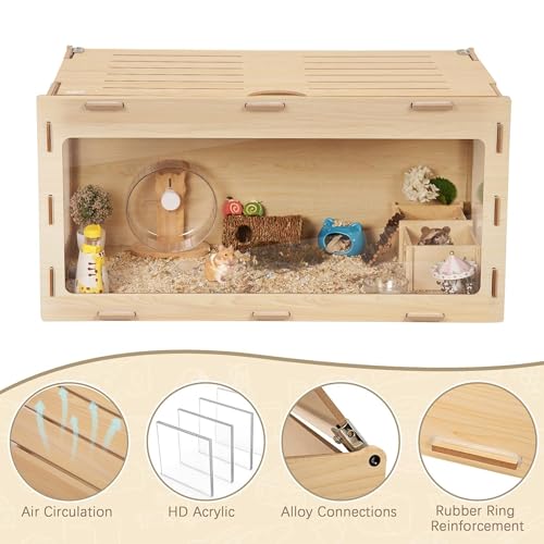 COZIWOW Wooden Hamster Cage 32" Large Small Animal Habitat Enclosure | Chewproof Acrylic Panel, 270° Panoramic View, 32x16x16" Spacious Cage, Ventilated Top, Tool-Free Assembly, Fit Gerbil