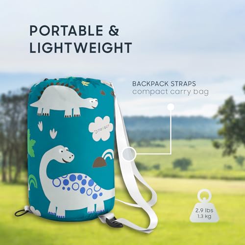 Wake In Cloud - Kids Sleeping Bag for Boys Toddlers, Camping in Warm Cold Weather, Backpacking Lightweight Compact Outdoor Liner for 3 Seasons, Cartoon Jurassic Dinosaur - color: Teal Blue