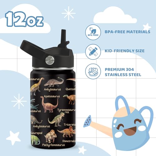 Dinosaur Water Bottle, Dinosaur Gifts, 12 oz Water Bottle with Straw | Stainless Steel Vacuum Insulated Bottle, Leakproof, Dinosaur Cup Gifts for for Boys - color: Dinosaur