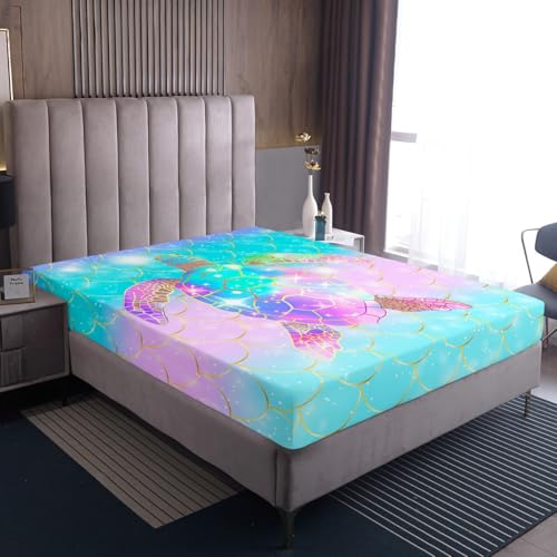 Erosebridal Mermaid Scales Fitted Sheet for Girls, Tortoise Reptile Sheet Set Twin Size, Sea Turtle Ocean Life Bed Sheets for Kids Children Boys Women, Sweet Girly Top Sheet, Teal Blue - color: Style 38, size: Twin