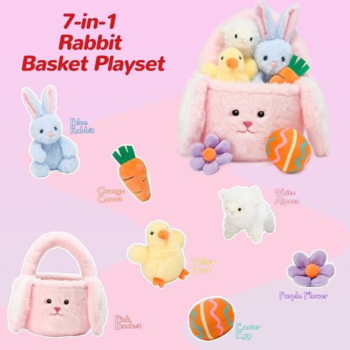 Vposyako 7 Piece Easter Basket Eggs Playset Stuffed Rabbit Chick Lamb Toy Set for Kids Girls Boys Ages 3+ Easter Bunny Basket Plush Sensory Toys Soft Plush Toy for Easter Party Favors - style: Pink Easter Basket