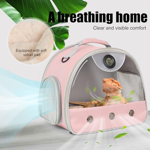 Bearded Dragon Carrier, Reptile Travel Bag with Built-in Thermometer Hygrometer, Breathable Small Animal Carrier with Clear View Window, Portable Guinea Pig Carrier for Gecko, Snake, Hamster - color: Pink