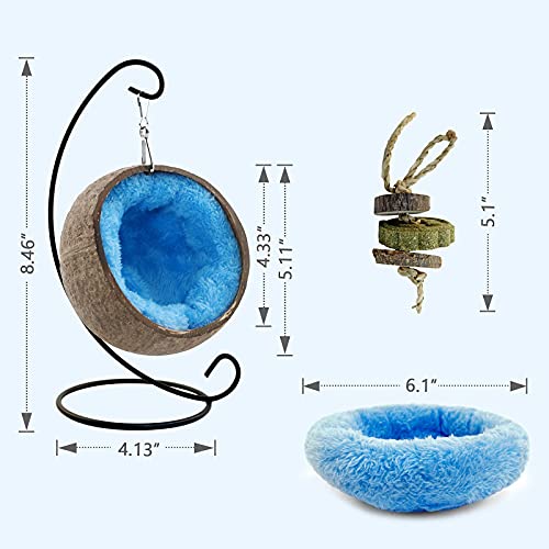 Ranslen Natural Coconut Hamster Hideout Hammock with Molar Toy Suspension Coconut Husk Hamster Bed House with Warm Pad Small Animal Guinea Pigs Habitat Decor Accessories Hanging Loop (Brown)