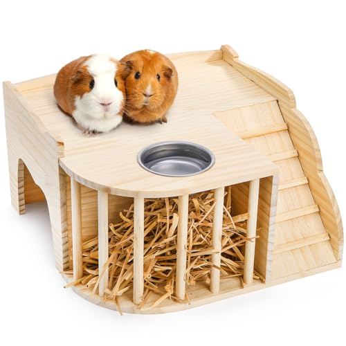 Coloch Wooden Guinea Pig Castle with Hay Feeder, Large Chinchilla Hideout with Feeding Bowl&Ladder Multi-Chamber Guinea Pig House for Guinea Pigs, Chinchillas, Hedgehogs